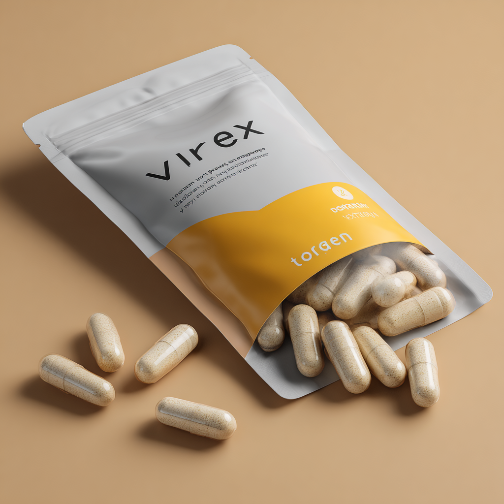 Moderný balíček Virex kapsúl s elegantným dizajnom v červeno-čiernom prevedení, luxusná krabička doplnku stravy pre mužskú vitalitu na tmavom pozadí s profesionálnym osvetlením